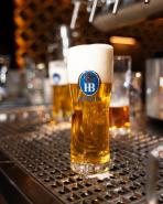 Helles Hofbräu München Bier mit Schaumkrone im Glas